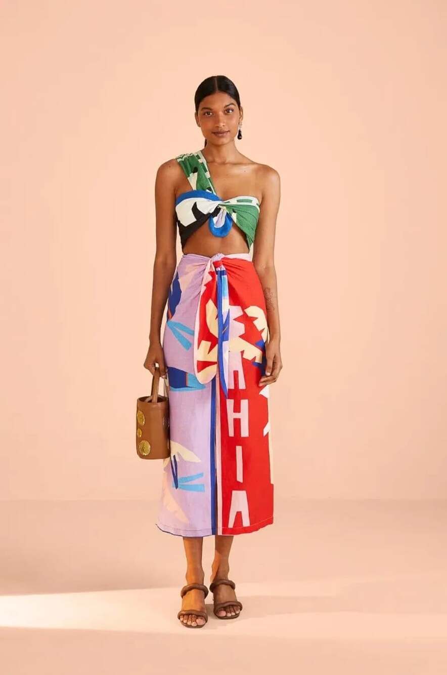 Farm Rio Brasil Bahia Scarves Linen Midi Skirt Multi Colorful